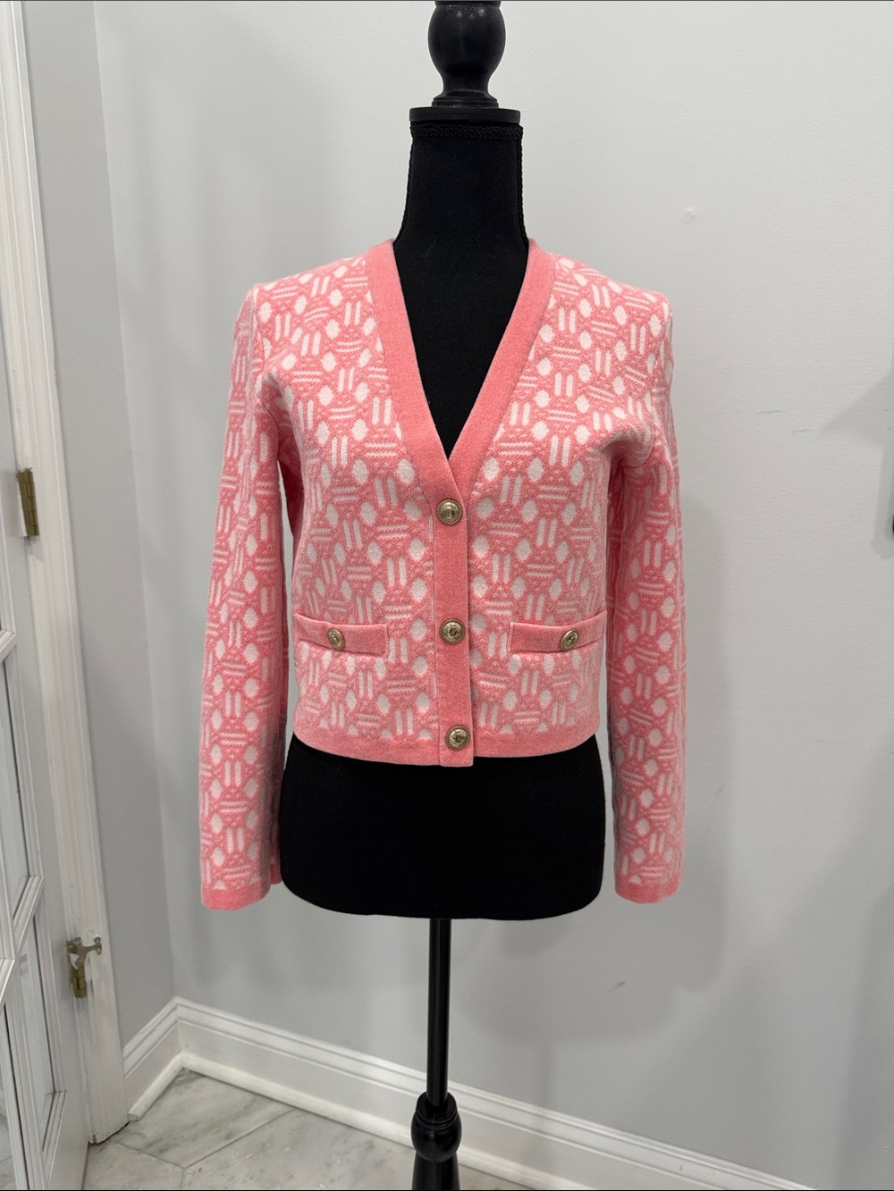 Maje Pink and White Patterned V-Neck Button Cardigan